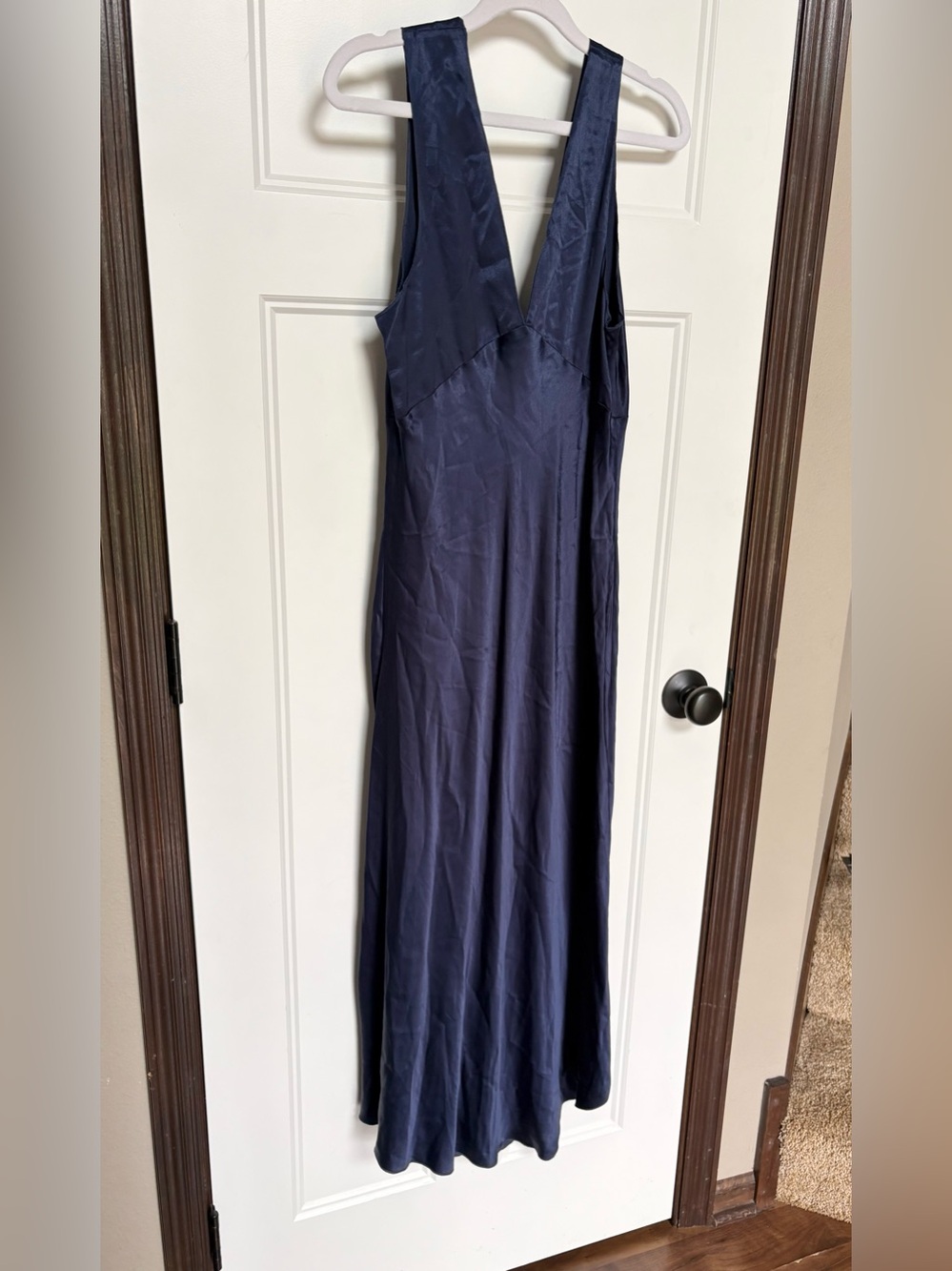 Rails Monique Navy Blue Satin Back Crepe Midi Slip Dress Asymmetrical Hem Sz M - Picture 6 of 16